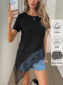 Easowa 女士黑色圆领短袖T恤，蕾丝下摆不对称设计，纯棉材质，春夏款 - 黑色 - 查看 1