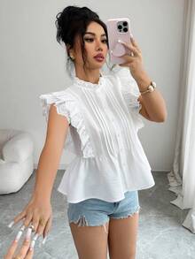 Elenzga Damen Frühling/Sommer Casual Urlaubs Weißes Einfarbiges Cut Out Besticktes Spitze Patchwork Hemd, geeignet für Reisen und Pendeln - Weiss - Übersicht 6