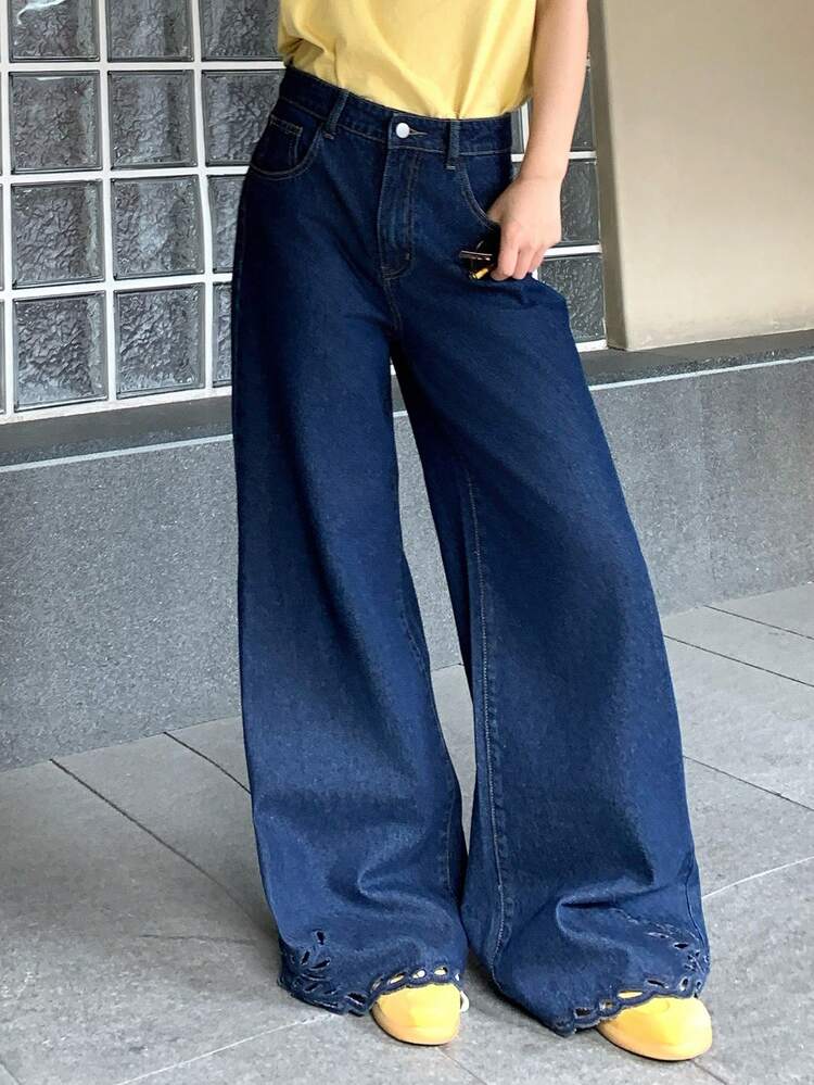Women's Vintage Washed Hollow Out Casual Jeans, Korean Style Street Fashion Versatile