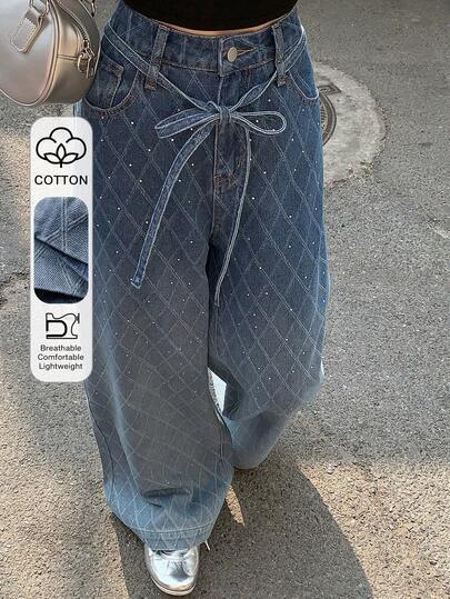 DAZY 女士格子水钻做旧系带休闲牛仔裤