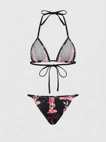 ROMWE 2-Piece Anime Style Soft Cup Tied Bikini Swimsuit Set For Women - Black - View 2