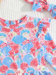 Baby Girls Shell Print One-Piece Long Sleeve Zipper Ruffle Swimsuit,Toddler Retro Floral Bathing Suit With Hair Accessory,Summer Holiday Beachwear - Multicolor - View 5