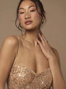 COSMINA 女士优雅吊带束腰提花亮片连衣裙，适合早春、约会、情人节、晚宴、婚礼宾客等场合穿着。 - 金色 - 查看 5