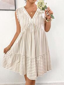 Lounesse 大码女式条纹V领荷叶边下摆休闲连衣裙 - 杏色 - 查看 6