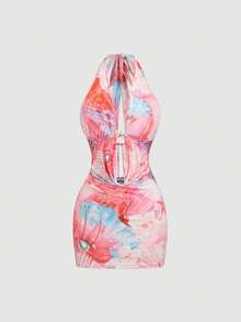 Sweetra Vestido mini halter sin espalda con estampado de estrella de mar y perla, estilo casual y sexy de playa y resort de verano para mujer - Multicolor - Ver 1