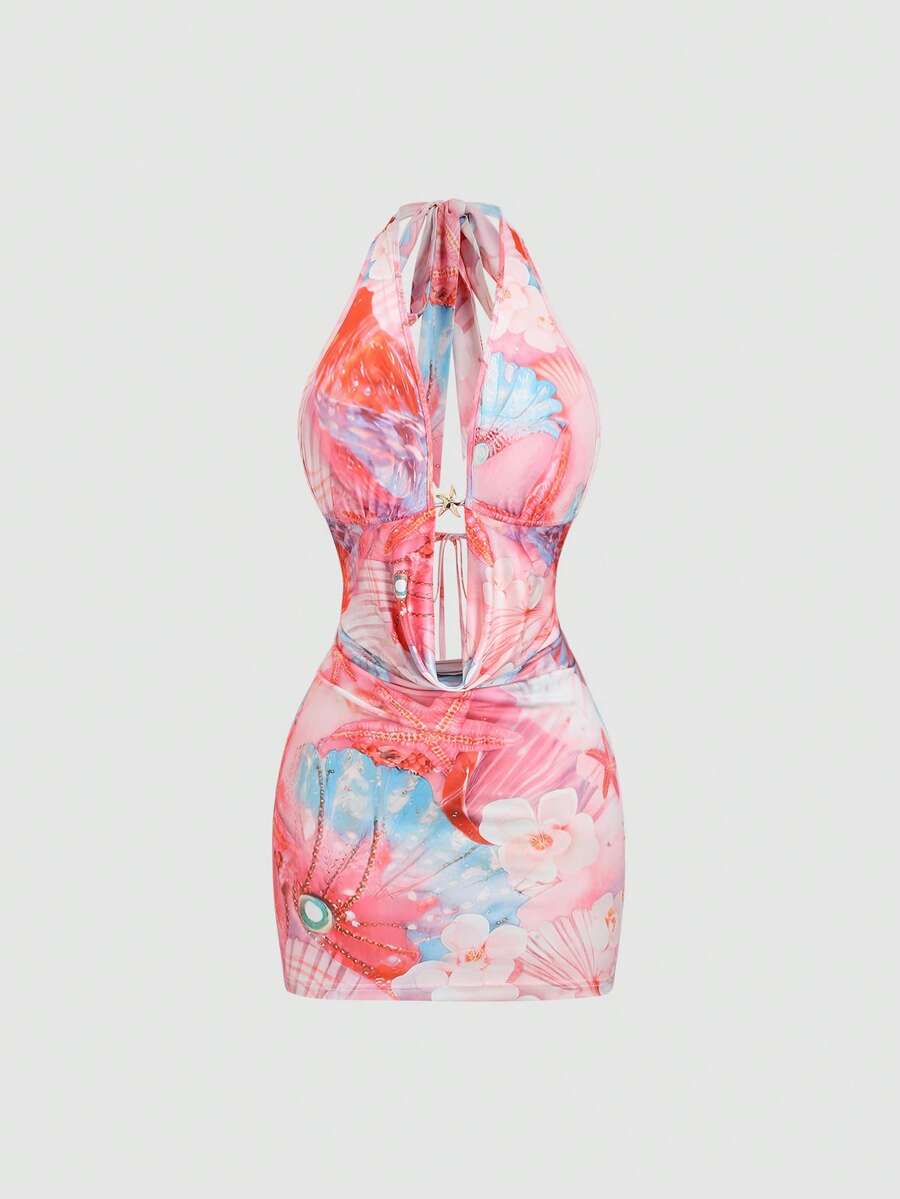 Sweetra Vestido mini halter sin espalda con estampado de estrella de mar y perla, estilo casual y sexy de playa y resort de verano para mujer - Multicolor - Ver 1