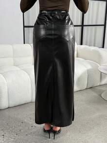 Lavishia Women's Autumn/Winter Long PU Skirt, Fashionable For Going Out, Commuting, And Gatherings,Summer Clothes,Summer Outfit For Women Long Black Skirt Leather Skirt Elegant Skirt Long Skirt With Slit - Black - View 2