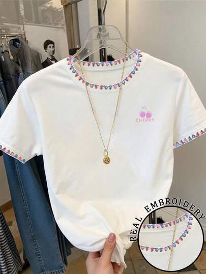 Resyla Women's Casual Vacation & Commute Cherry Letter Print Embroidery Contrast Trim Short Sleeve T-Shirt, Gradient Color