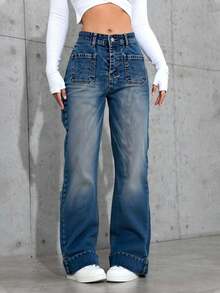 Pantalones vaqueros de piernas anchas para mujeres, tejidos sólidos, botones, materiales opacos y micro - elástico, todos los artículos - Lavado ligero - Ver 3