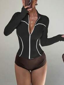 Sovereign Charm 女士秋冬运动夹克，紧身立领，撞色滚边，带拇指孔，适合日常休闲穿着、跑步、瑜伽、健身、网球、高尔夫等。 - 黑色 - 查看 5