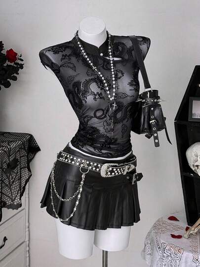 Sunspun 大码女式哥特Y2K风格黑色透视网纱龙纹植绒T恤，性感透视设计，适合外出、派对、夜店等场合，女士休闲装，黑色T恤，无袖上衣，春季休闲服饰