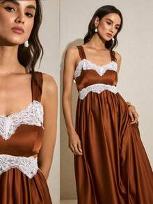 Poéselle Women's Long Floral Trim Satin Dress - Brown - View 1