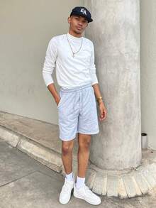 Ngobest Haus Ngobest Haus 男士字母贴布抽绳腰短裤 - 淺灰色 - 查看 1