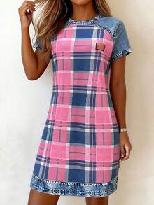 EMERY ROSE Đầm ngắn tay ngắn cổ tròn dáng suông họa tiết denim kẻ caro phong cách mùa hè dành cho nữ, thích hợp cho lễ hội, công sở, mặc hàng ngày hoặc hẹn hò lãng mạn. - Hồng - Xem 1