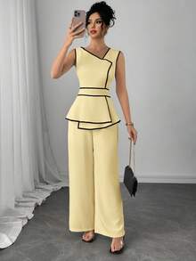 Modelyn Bộ jumpsuit không tay với đường viền tương phản và gấu áo bất đối xứng dành cho nữ. - Vàng nhạt - Xem 6
