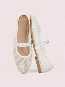 CUCCOO DOLLMOD Women's Mesh New Round Head Shallow Mouth One Word With Versatile Flat Shoes - White - View 1