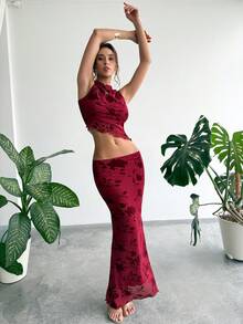 Aloruh Bộ đồ nữ phong cách retro lưới in họa tiết nhung gồm áo sườn xám cổ bẻ và chân váy đuôi cá dài đến đầu gối, màu đỏ tía thanh lịch. - Màu Đỏ Sâu - Xem 6
