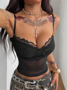 Coolane Women's Spring Concert Outfit Rave Outfit Festival Going Out Rave Outfit Renaissance Fair Club Outfits Party Hippie Contrast Lace Tank Tops - Black - View 1