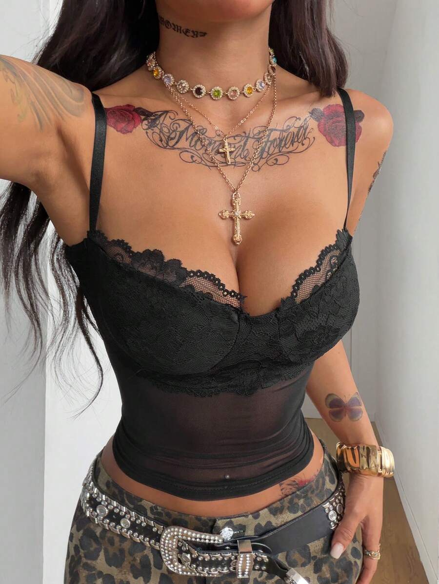 Coolane Women's Spring Concert Outfit Rave Outfit Festival Going Out Rave Outfit Renaissance Fair Club Outfits Party Hippie Contrast Lace Tank Tops - Black - View 1