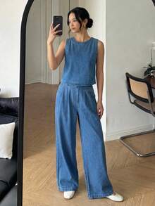 SHEIN Conjunto Casual de Verão Feminino de Duas Peças, Estilo Velho Dinheiro Simples de Linho, Regata com Acabamento em Concha e Conjunto de Calças, Conjunto Casual de Duas Peças com Amarração na Frente para Trabalho, Conjunto Casual de Duas Peças Sólido de Regata e Calça para Férias, Conjuntos Casuais Femininos, Looks de Férias Femininos, Looks de Verão para Férias, Roupas de Primavera para Meninas, Looks para o Dia dos Namorados - Lavagem Média - Visão 2