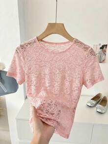 Easowa 圆领短袖透视提花面料休闲宽松优雅通勤复古风夏季女式上衣 - 白色 - 查看 3