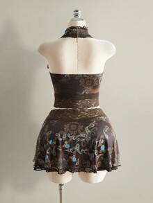 SHEIN ICON 大码 Y2K 佩斯利复古印花露背蕾丝装饰短款上衣和 A 字连衣裙两件套，适合音乐节、波西米亚风、复古风、夏季、蒸汽朋克风、Anthropologie 风格、波西米亚风等各种场合。 - 棕色 - 查看 10