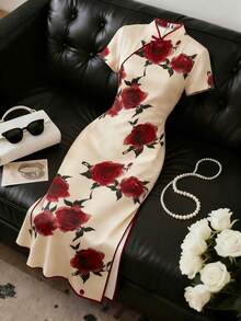 Franclia 针织印花圆领短袖女式连衣裙 - 杏色 - 查看 4