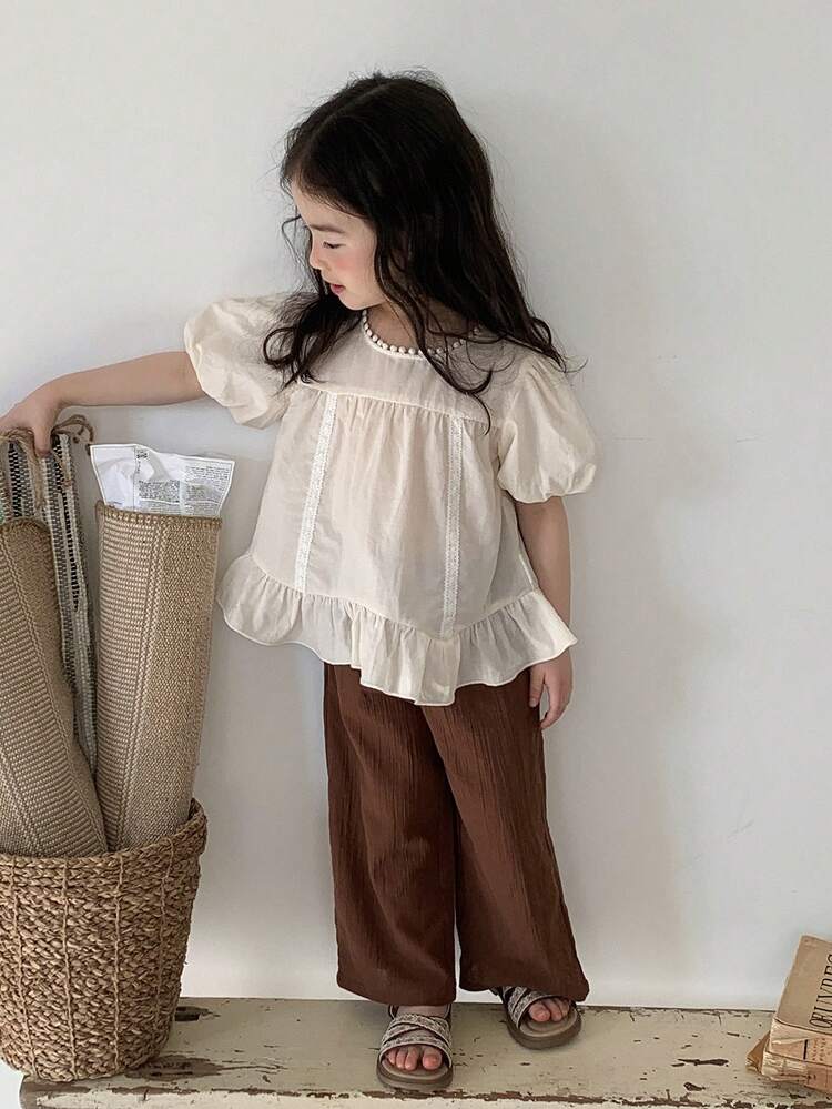 Baby Girl Pastoral Fresh Sweet Solid Color Petal Sleeve Shirt And Pants Set Summer
