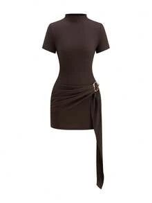 Ellevyn 女士优雅收腰极简短袖修身连衣裙，饰有金属装饰，显瘦短裙 - 咖啡 - 查看 2