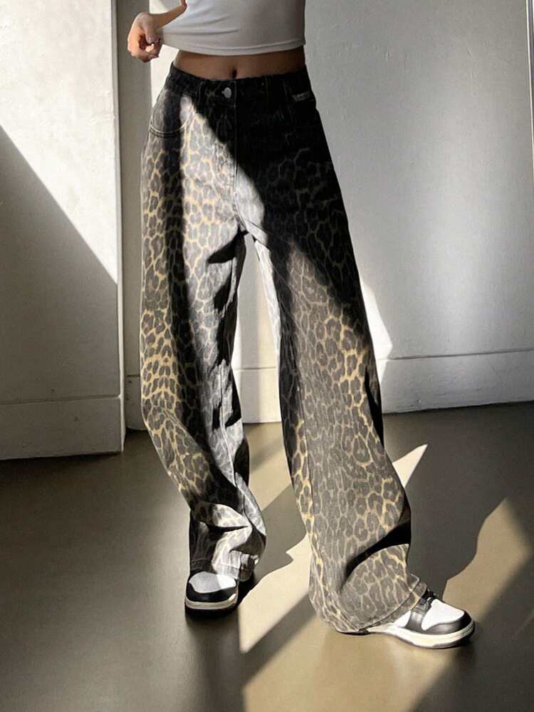 Women's Korean Fashion Street Chic Casual Commute Leopard Print Loose Wide-Leg Jeans
