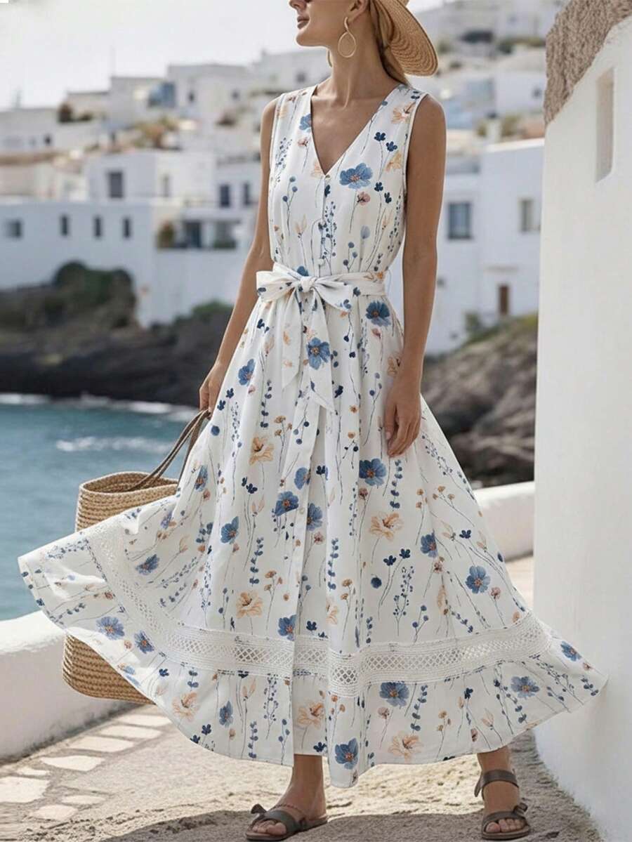 Franclia Đầm nữ không tay cổ chữ V in hoa, kiểu dáng thường ngày. - Màu be - Xem 1