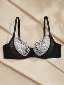 Charlaine 1pc Women's Lace Sheer Mesh Bra, Sexy Black & White Contrast Lace Patchwork Lingerie - Black - View 1