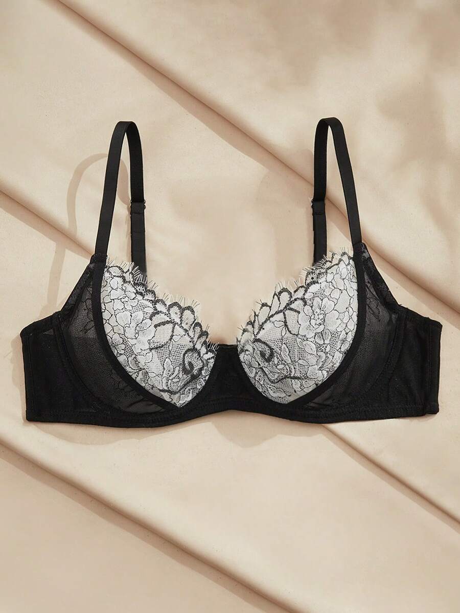Charlaine 1pc Women's Lace Sheer Mesh Bra, Sexy Black & White Contrast Lace Patchwork Lingerie - Black - View 1