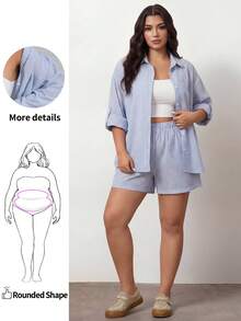 SHEIN Unity 大碼秋季女裝返校裝條紋開衫襯衫，配調節袖短褲套裝 - 藍白色 - 查看 1