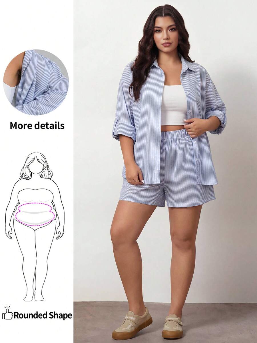 SHEIN Unity 大碼秋季女裝返校裝條紋開衫襯衫,配調節袖短褲套裝 - 藍白色 - 查看 1