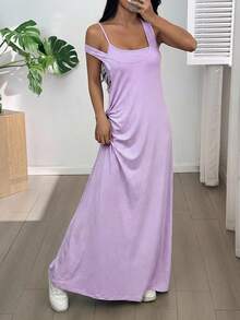 SHEIN EZwear Women's Purple Asymmetric Neckline Sleeveless Casual Dress, Built-In Bra, Summer Dress, Purple Vacation Dress, Purple Summer Dress, Casual Purple Dress - Purple - View 6