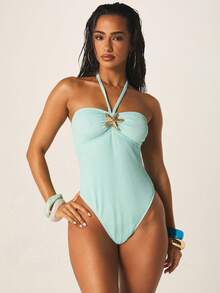 MISSGUIDED Halter Neck One Piece Swimsuit With Starfish Embellishment Ribbed Texture Summer Beach Vacation Swimwear - Mint Blue - View 3