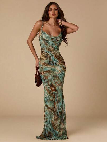 SHEIN BAE Vestido de verano con estampado animal y espalda descubierta para mujer