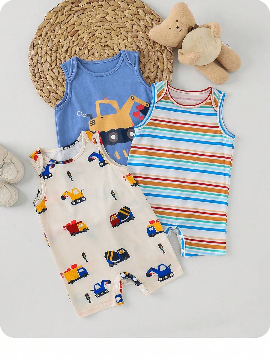 Bộ 3 món áo liền quần dệt kim họa tiết hoạt hình và sọc dễ thương cho bé sơ sinh trai/gái, mùa hè. - Nhiều màu - Xem 1