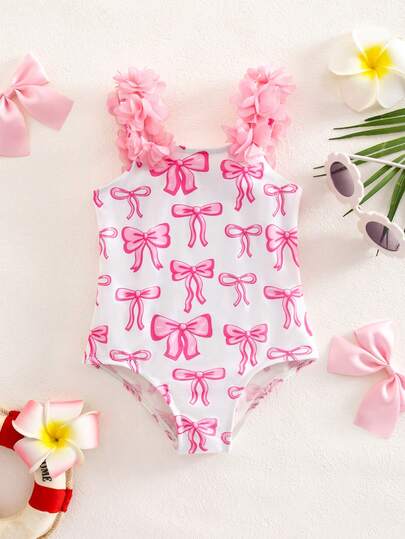 Bộ đồ bơi liền thân màu hồng dễ thương có nơ và họa tiết hoa cho bé gái, đồ bơi thường ngày thời trang, thích hợp cho bé gái đi bơi, đi nghỉ mát, đi biển, đi hồ bơi, chụp ảnh, quà tặng kỳ nghỉ hè.