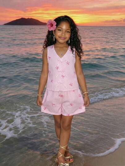 Sparklyn Girls' Casual Fashion Bow Striped Digital Printed Vest, Elastic Waistband Bow Striped Digital Printed Shorts Two Pieces Set, Loose, Comfortable, Soft, Practical And Versatile, Suitable For Autumn, Spring, Summer, Daily Wear, Commuting, Outdoor Play, Sports, School, Streetwear, Parties And Photography