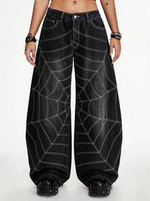 ROMWE Grunge Punk Punk Street Spiderweb Contrast Stitching Design Cocoon Loose Women Jeans - Black - View 1