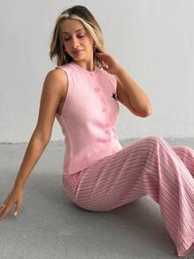 SHEIN Ärmlös stickad tröja väst kofta med broderi - Rosa - Visa 7