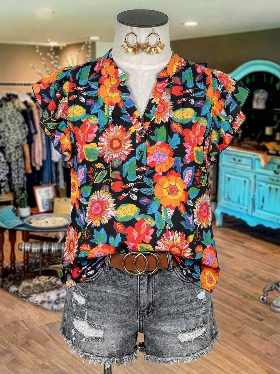 Linhara Colorful Floral Print V-Neck Ruffle Sleeve Blouse - Multicolor - View 1