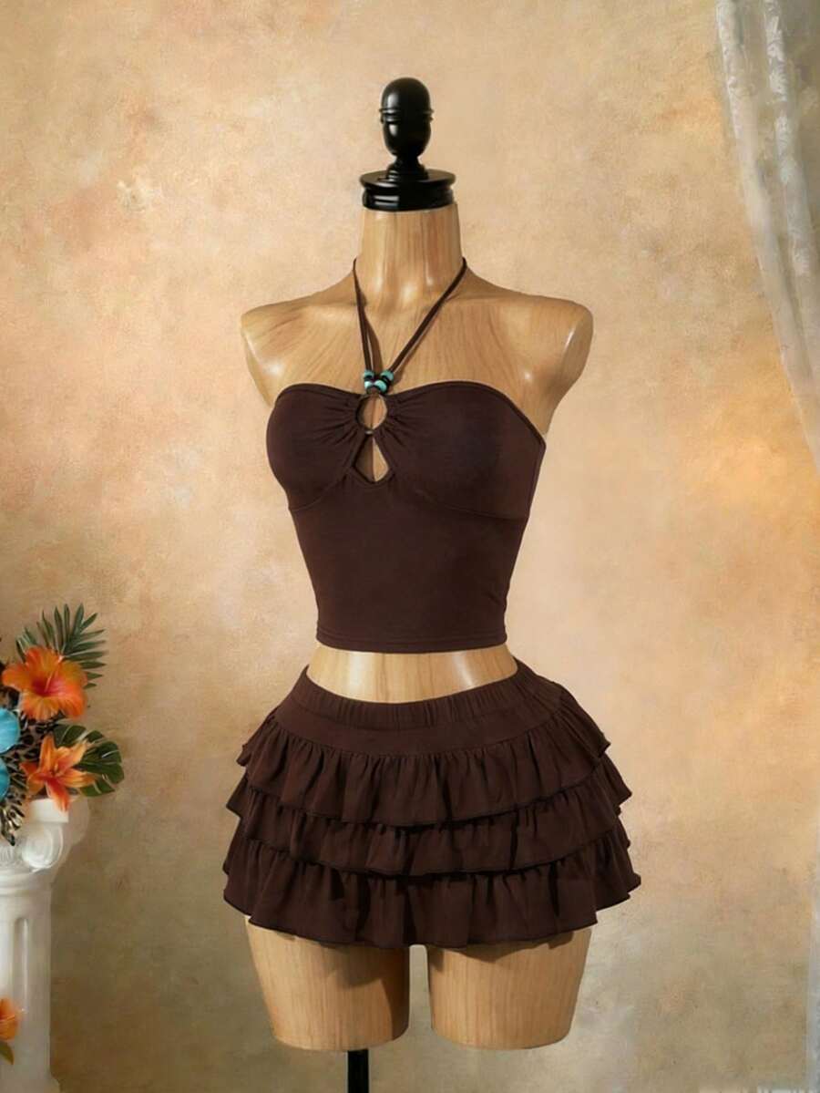 SaltGleam SaltGleam 性感优雅度假风露背系带荷叶边上衣和迷你裙两件套 - 棕色 - 查看 1