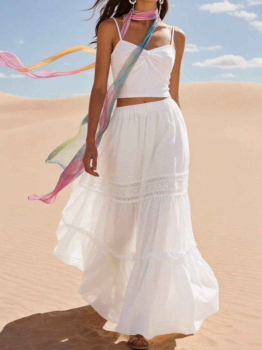 Balvessa Women's Vacation Solid Color Elastic Waist Lace Ruffle Hem A-Line Skirt - White - View 1