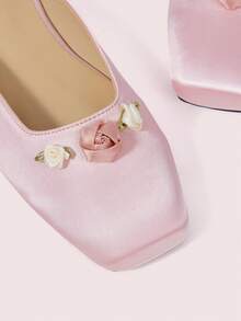 CUCCOO DOLLMOD Pink Satin Three-Dimensional Flower Square Toe Slip-On Mary Jane Flat Shoes - Pink - View 5