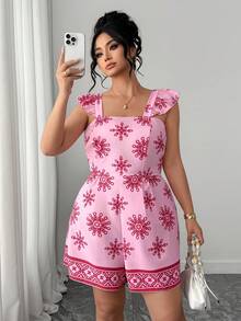 Elenzga Plus Size Women Elegant Casual Beach Holiday Minimalist Square Neck Cap Sleeve Tie-Front Backless Waist Cinched Short Printed Jumpsuit - Pink - View 6