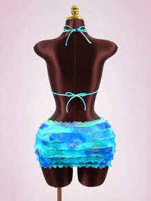 Swim SXY 女士26SS新款印花比基尼套装，带蛋糕裙摆，性感优雅甜美三件套比基尼，适合海滩派对和假期穿着 - 藍色 - 查看 5