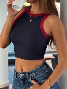DAZY 女士拼接撞色基础款运动背心 - 藏蓝色 - 查看 2